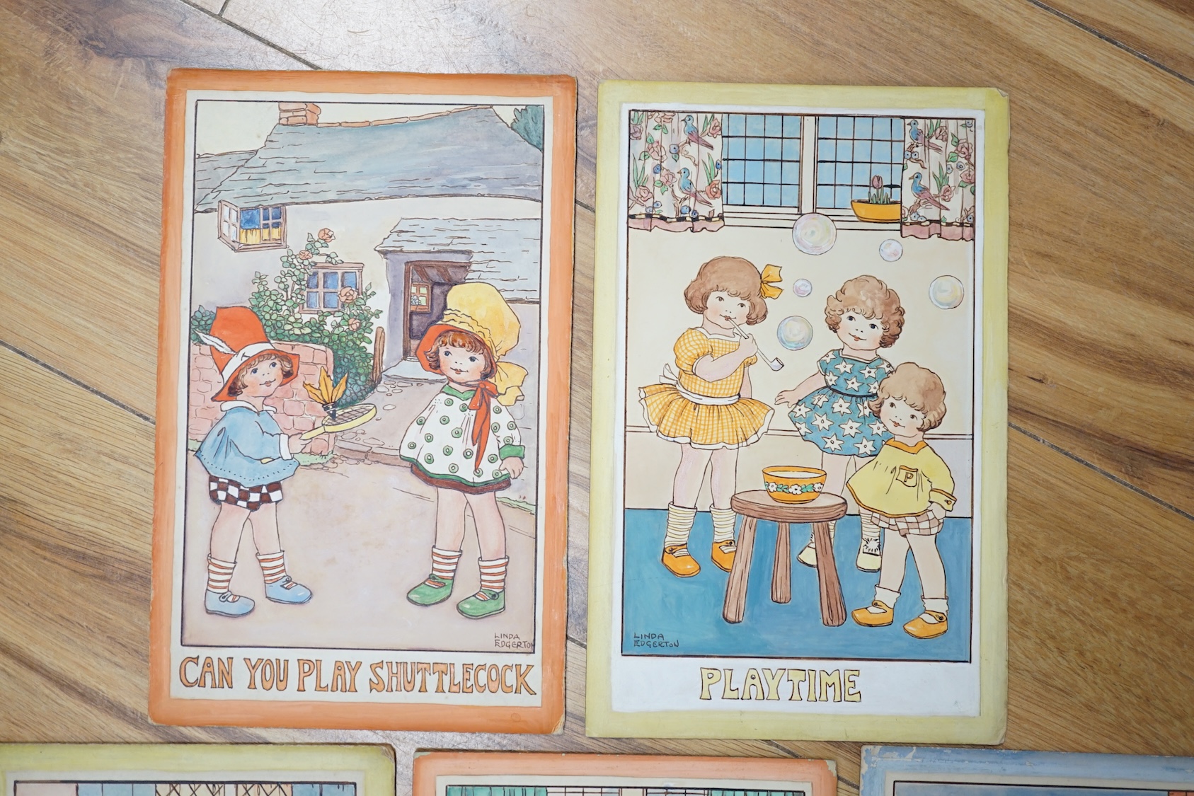 Linda Edgerton (1890-1983), set of five original watercolours for children's postcard designs, including 'Playtime', 'For You' and 'Feeding the Chickens', each signed, 27 x 17cm, unframed. Condition - fair